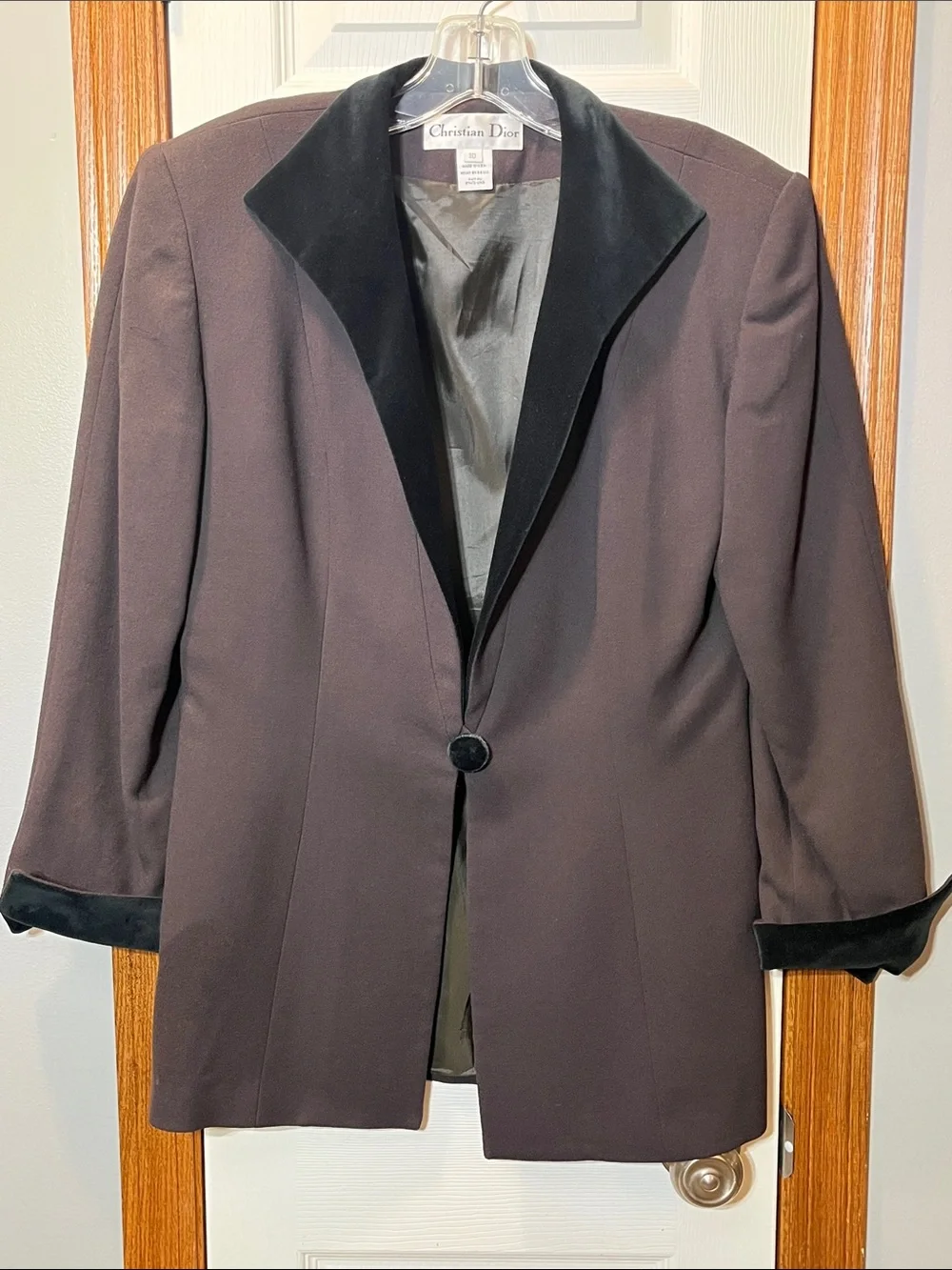 Vintage Christian Dior Brown Worsted Wool Blazer w/ Black Velvet Trim size 10